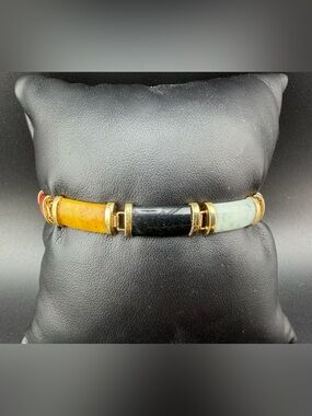 Sterling Silver 925 Gold Overlay Multicolor Jade Link Bracelet 7.75”
